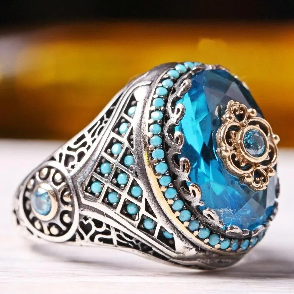 New Retro Handmade Turkish Rings for Men Vintage Double Swords Black Zircon Rings Punk  Trendy Islamic Religious Muslim