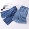 Dívčí letní jednobarevné tenké široké džíny pro malé a středně velké děti volný design mašle devítiminutové kalhoty