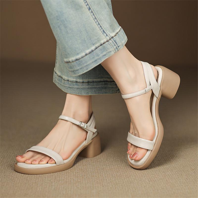 Fashion New Summer Sandals Split Leather Women Shoes Round Toe Sandals for Women Fashion Chunky Heel Sandals High Heels Gladiator Shoes