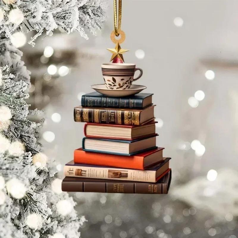 2026 Christmas Tree Shape Bookshelf Pendant, 2D Acrylic Flat Books Stacked Christmas Ornaments Home Decoration Party Supplies