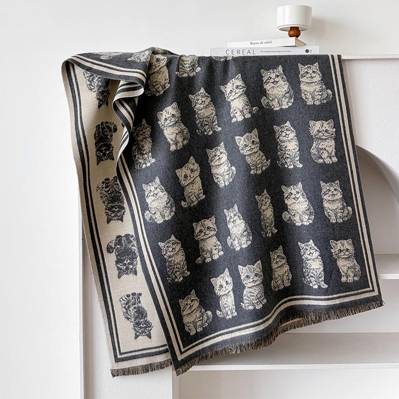 Cat Print Winter Warm Cashmere Scarf For Women Luxury Thick Blanket Shawl Wraps Pashmina Neckerchief Lady Poncho Echarpe