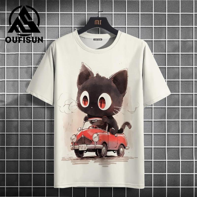 Letní pánské tričko Animal Cute Cat Print Crew Neck Krátký rukáv Tričko Street Trend Tops Nadměrné pánské oblečení Tričko pro muže