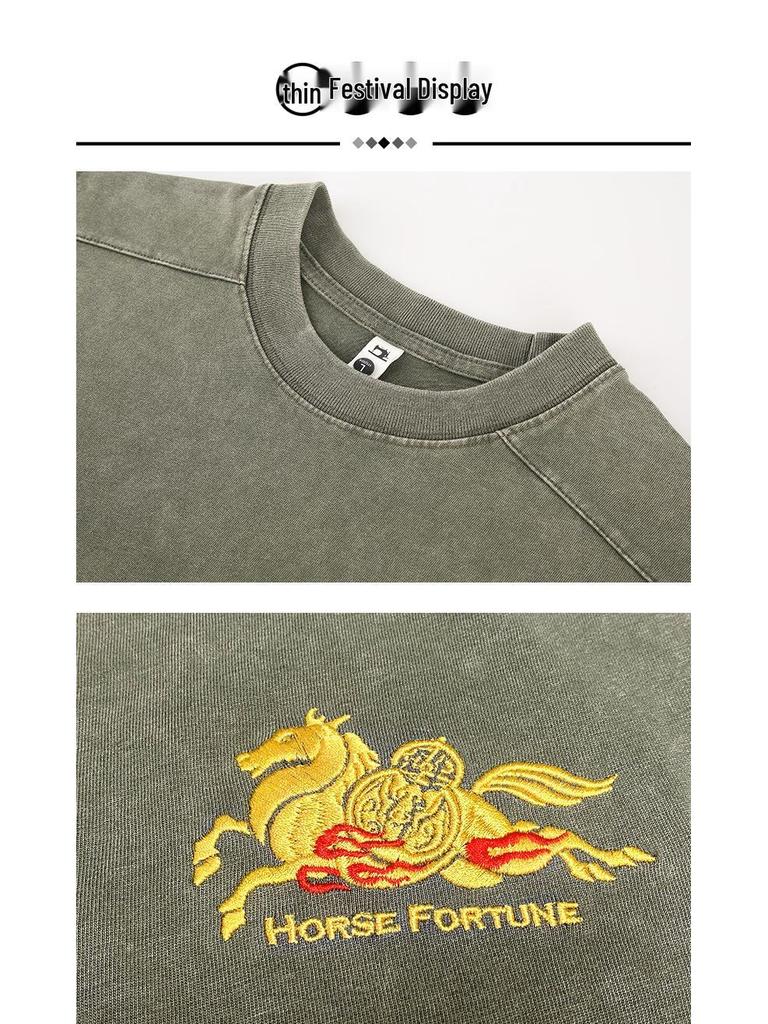 Cross-border Year of the Horse National Tide Embroidered Round Neck Short Sleeve Trendy Heavyweight Loose Fit Chinese Style Men's Spring-Summer Tee