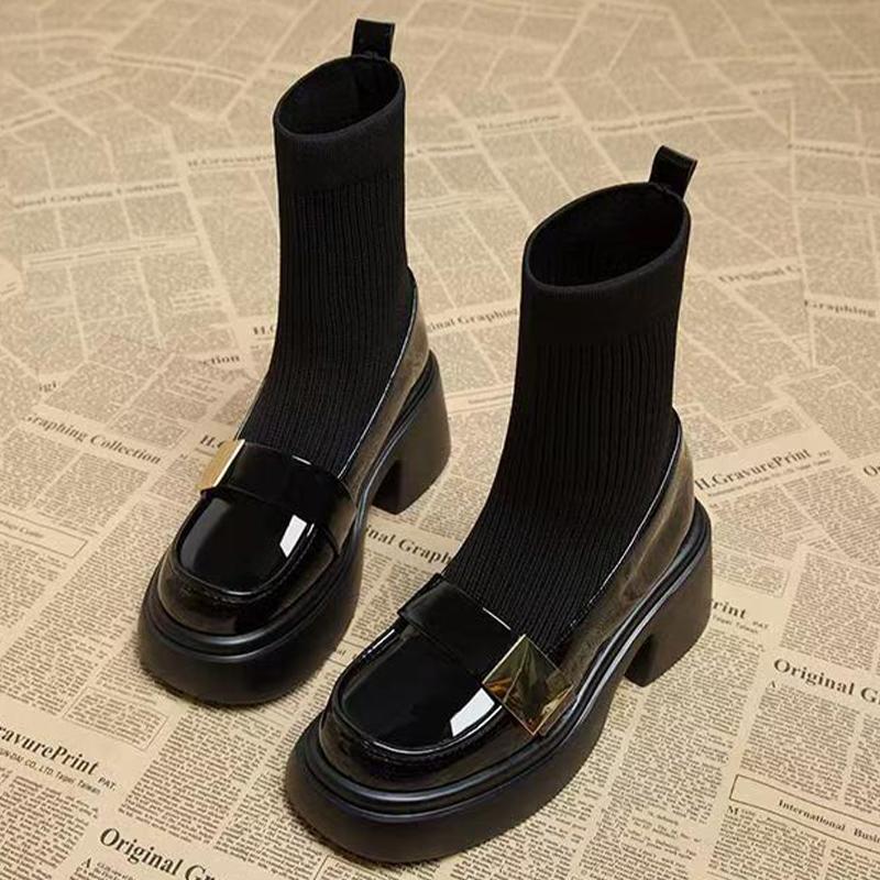 

Женские зимние ботильоны на платформе, дизайнерская обувь на высоком каблуке, вязаные толстые носки, тренд 2024 года, зимние новые готические ботинки для женщин 37 чёрный