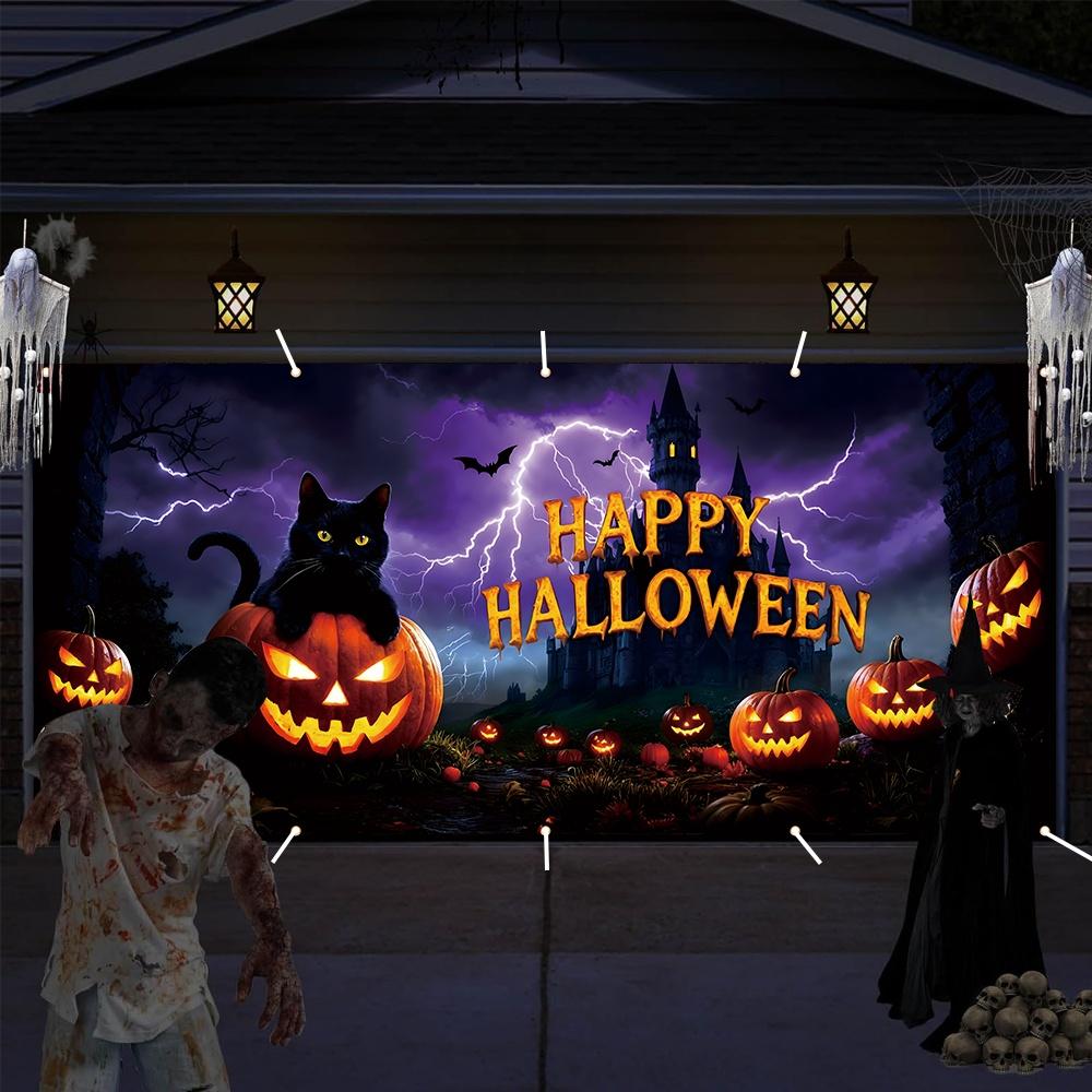 1 Halloween garage party banner - 157.48 inches x 72.83 inches durable polyester featuring black cat and pumpkin designzyc