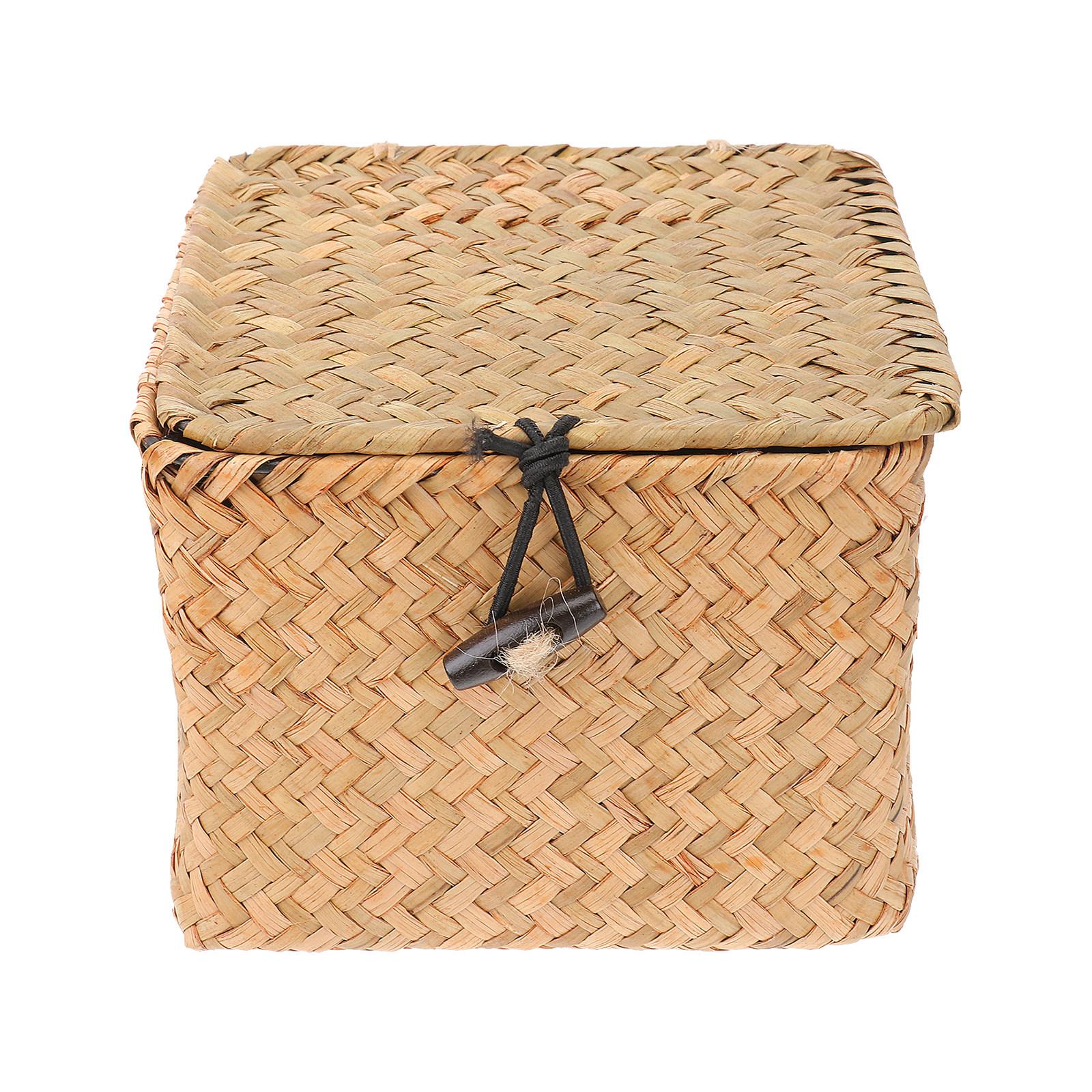 

Small Straw Plaited Storage Box with Lid for Tea Rings Jewelry Organizer Home Decorative Seagrass Holder Covered Square Basket 17X17X10CM