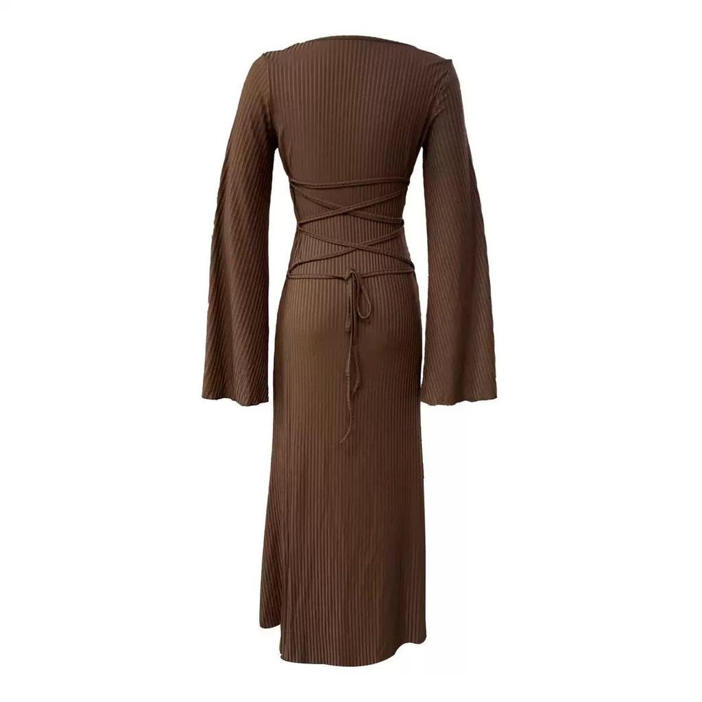 Women's Solid Color Stripe U-neck Long Sleeve Lace-up Dress