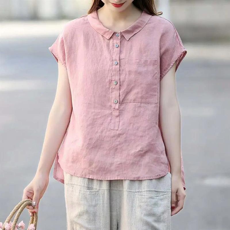 Women's 2024 Summer Retro Loose Cotton & Linen Mid-Sleeve Doll Collar Shirt