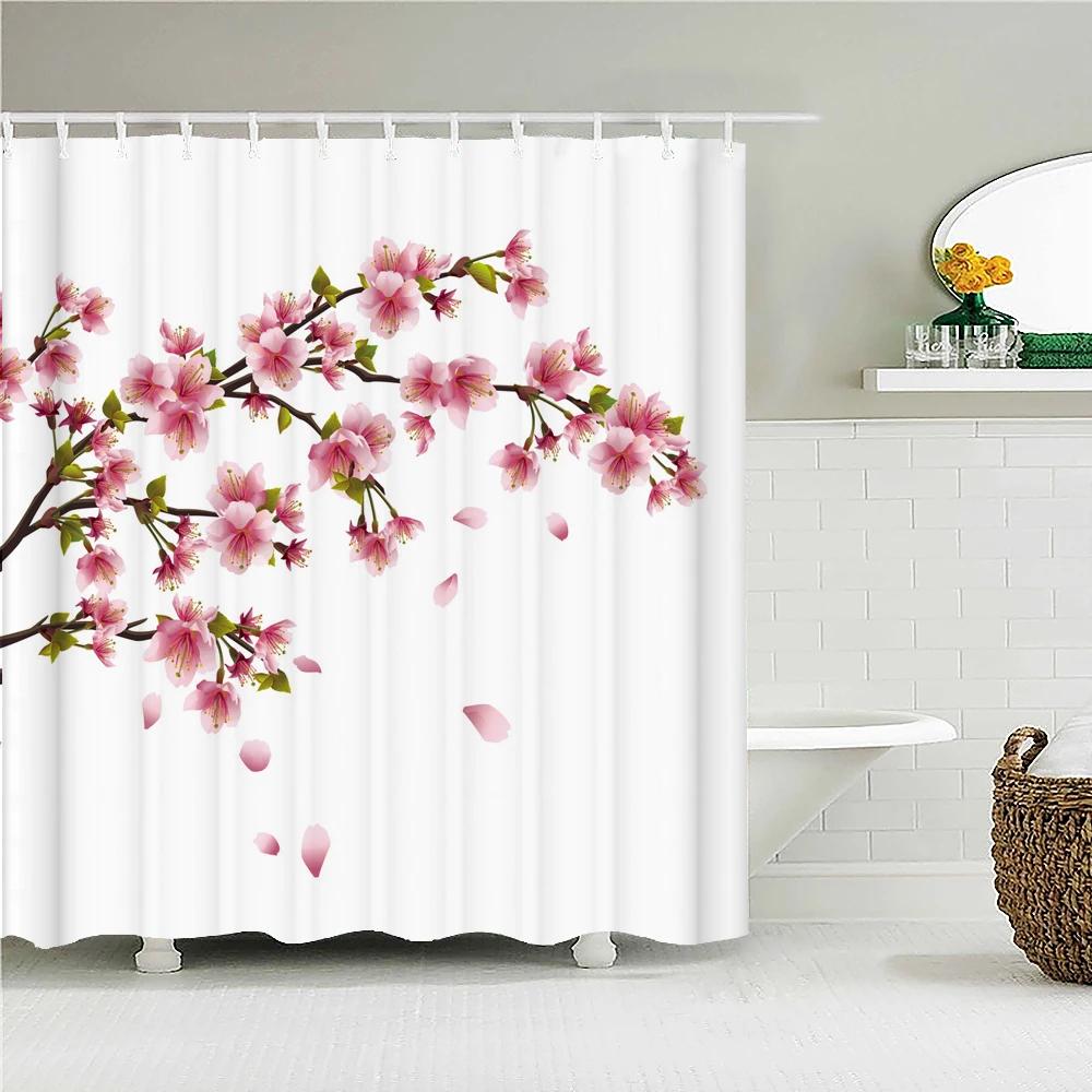 Japanese-style 3D Mount Fuji and Flower Print Shower Curtain With Hook Natural Landscape Home Decoration Bathroom Curtains