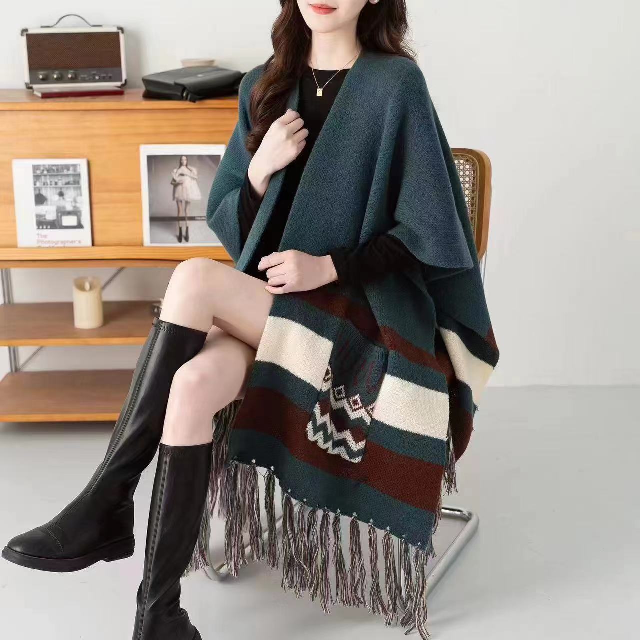 

Этническая шаль Универсальный вязаный кардиган с карманами Шаль с бахромой Накидка Шарф Накидка One Size зелёный