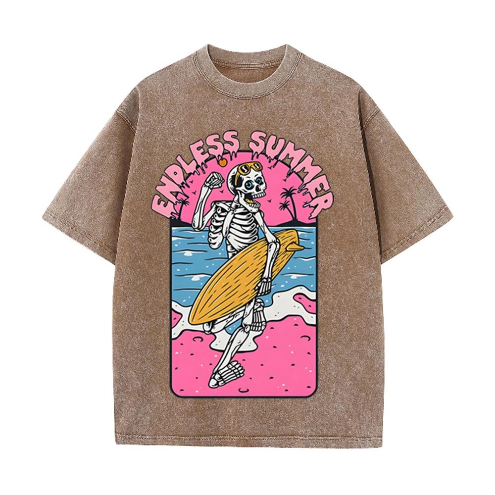 2026 Vintage Skeleton Surfer Endless Summer Graphic Black Acid Washed T Shirt Pink Beach Palm Tree Retro Cartoon Oversized Unise