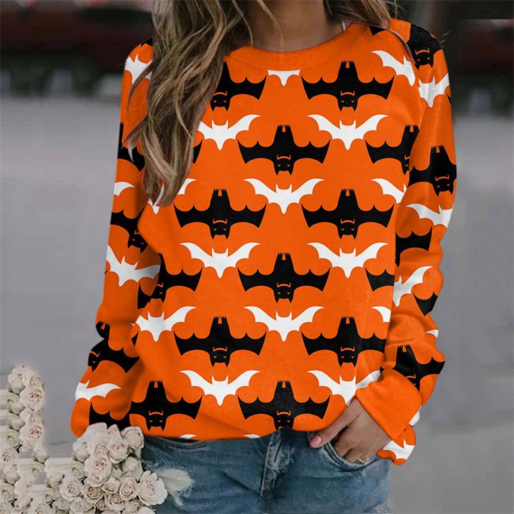 Fashionable 3D digital printed Halloween ghost pattern women's round neck long sleeved T-shirt