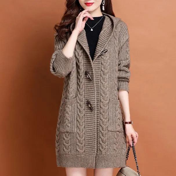 Women Spring Autumn Mid Length Hooded Cardigan Sweater Jacket Ladies Simple Casual Knitted Overcoat