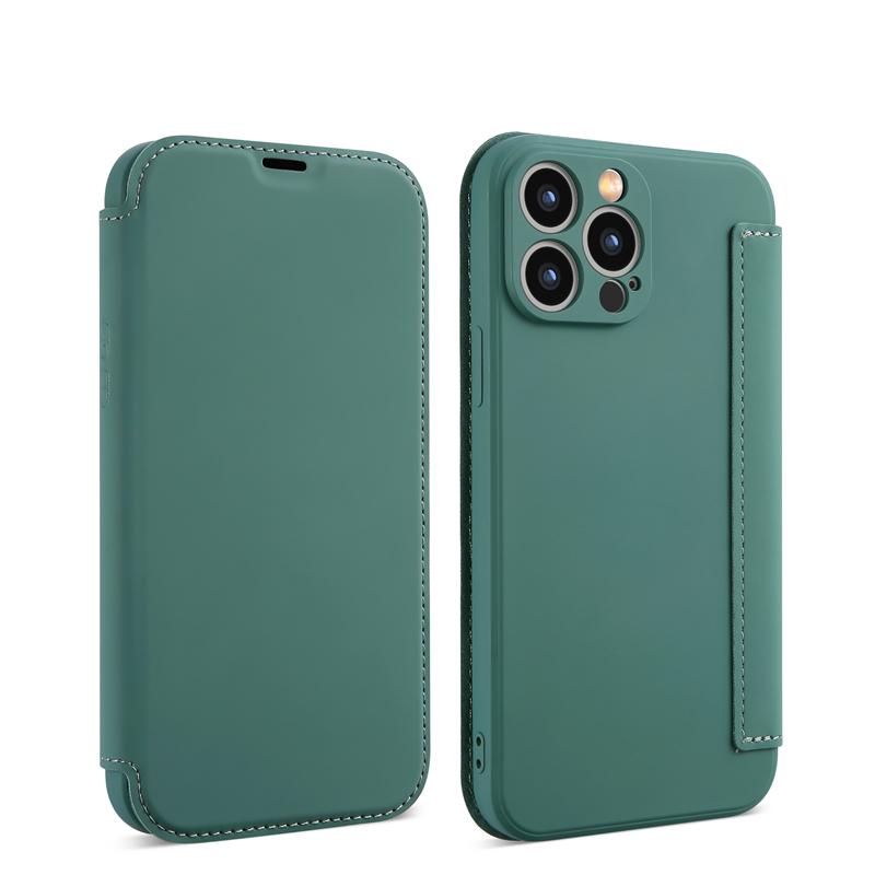 

Флип-кожаный чехол из жидкого силикона для APPLE iphone 12 13 14 11 Pro Max X XR XS Max 14 Plus, сплошной цвет, защитная карта для объектива, чехол-книжка For iPhone 11 темно-зеленого
