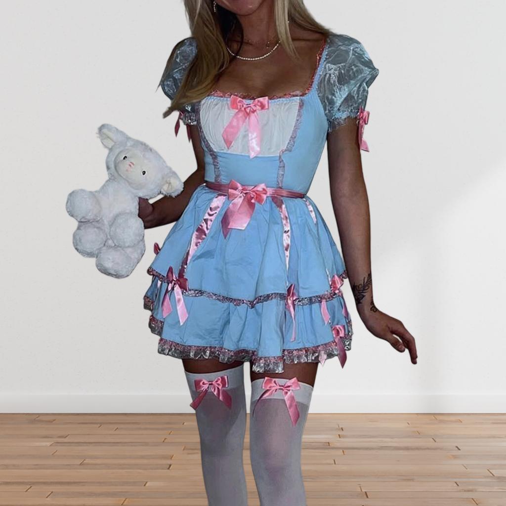 Womens Halloween Costume Dress Decorative Bow A Line Short Sleeve Cosplay Dress and Bow Tie Neck Collar 2 Pcs Set