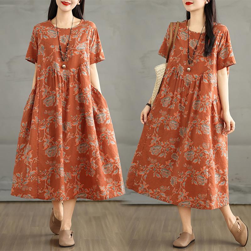 Dimanaf 2025 Summer Women Plus Size Long Dress Short Sleeve Vintage Basic Oversized Casual Loose Dress Floral New