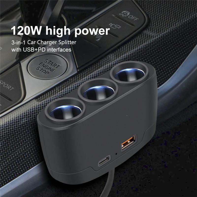 120W Araç Şarj Adaptörü 12V 24V 3 Soket Ayırıcı Çift USB LED Araç Hızlı Şarj Cihazı Telefon için