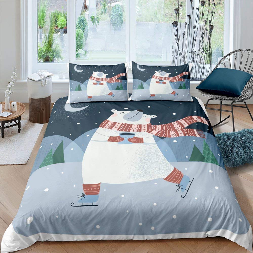 Bear Pattern Bedding Set Polar Bear Duvet Cover for Child Adult,White Bear Snow Mountain Sunset Soft Microfiber Comforter Cover
