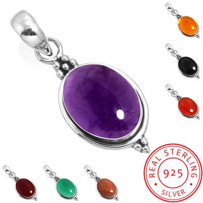 925 Sterling Silver Pendant Women Gemstone Handmade Jewelry Halloween Gift Amber Amethyst Black Onyx Carnelian Garnet Quartz Green Onyx Gold Stone