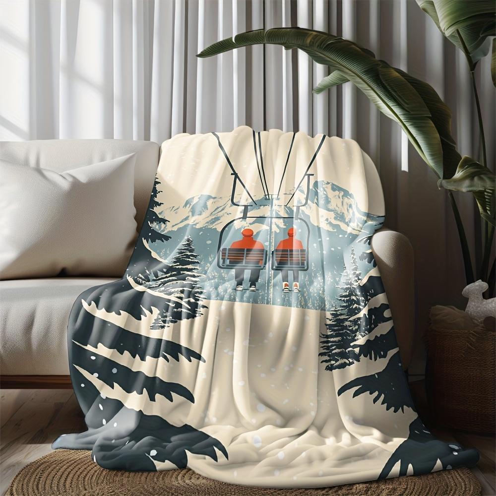 Winter Ski Lift Print Flannel Blanket, Soft Beige with Mountain Gondola Design, All-Season Couch Bed Cover for Camping Travel