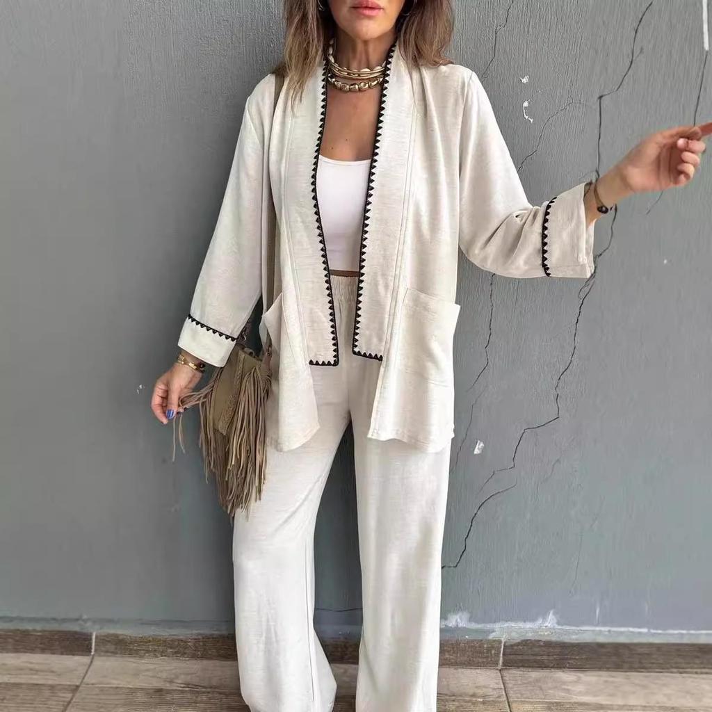 2024 Women's European & American Stylish Two-Piece Set: Loose Cardigan with Trimmed Nine-Sleeves and Wide-Leg Long Pants.