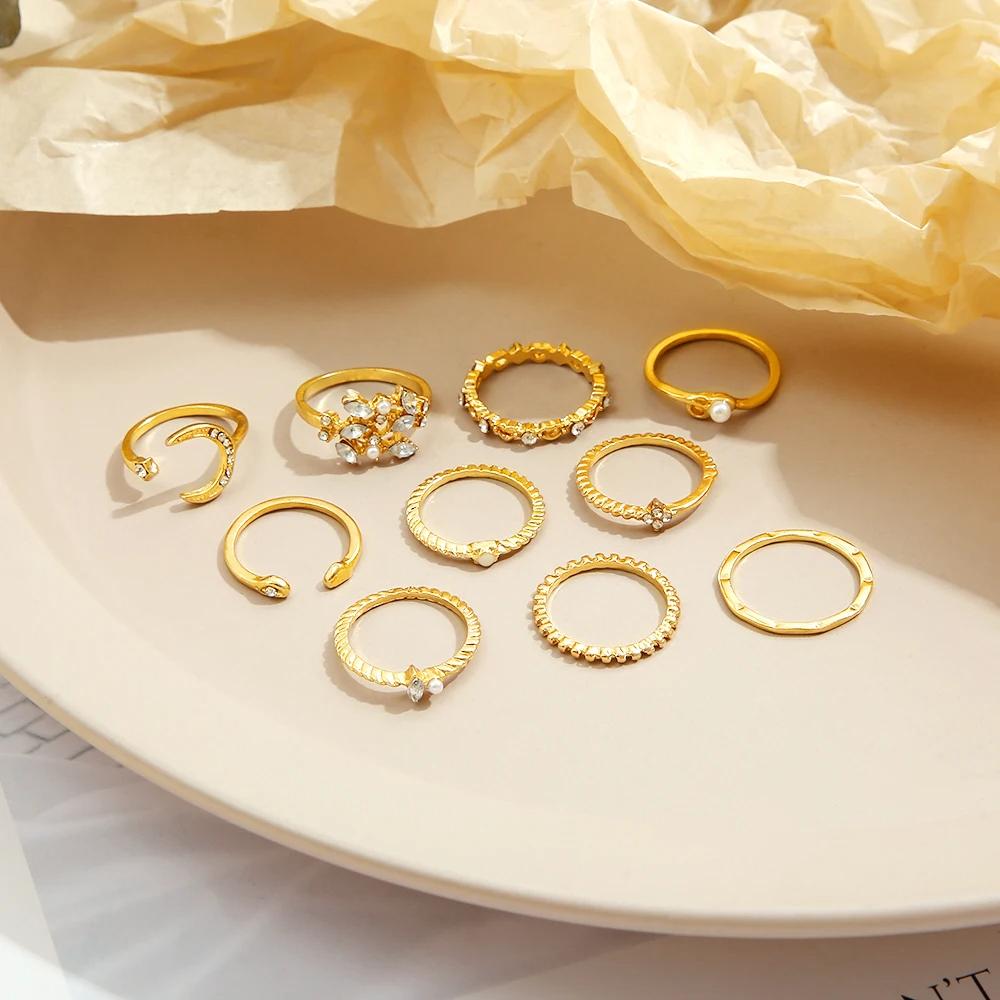 10 Pcs Rings Suit For Women Gold-color Chain Ring Set Bohemian Style Coin Snake Moon Star Party Trend Gift Zircon
