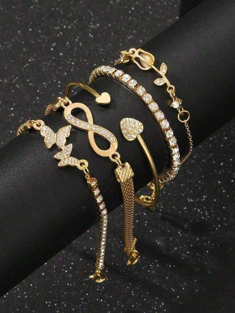 5pcs Fashionable, Simple, Delicate, Elegant, Heart, Flower, Tulip, Droplet Shaped Encrusted, Sparkling 8-Sign Hook Bracelet And Chain Bracelet Set