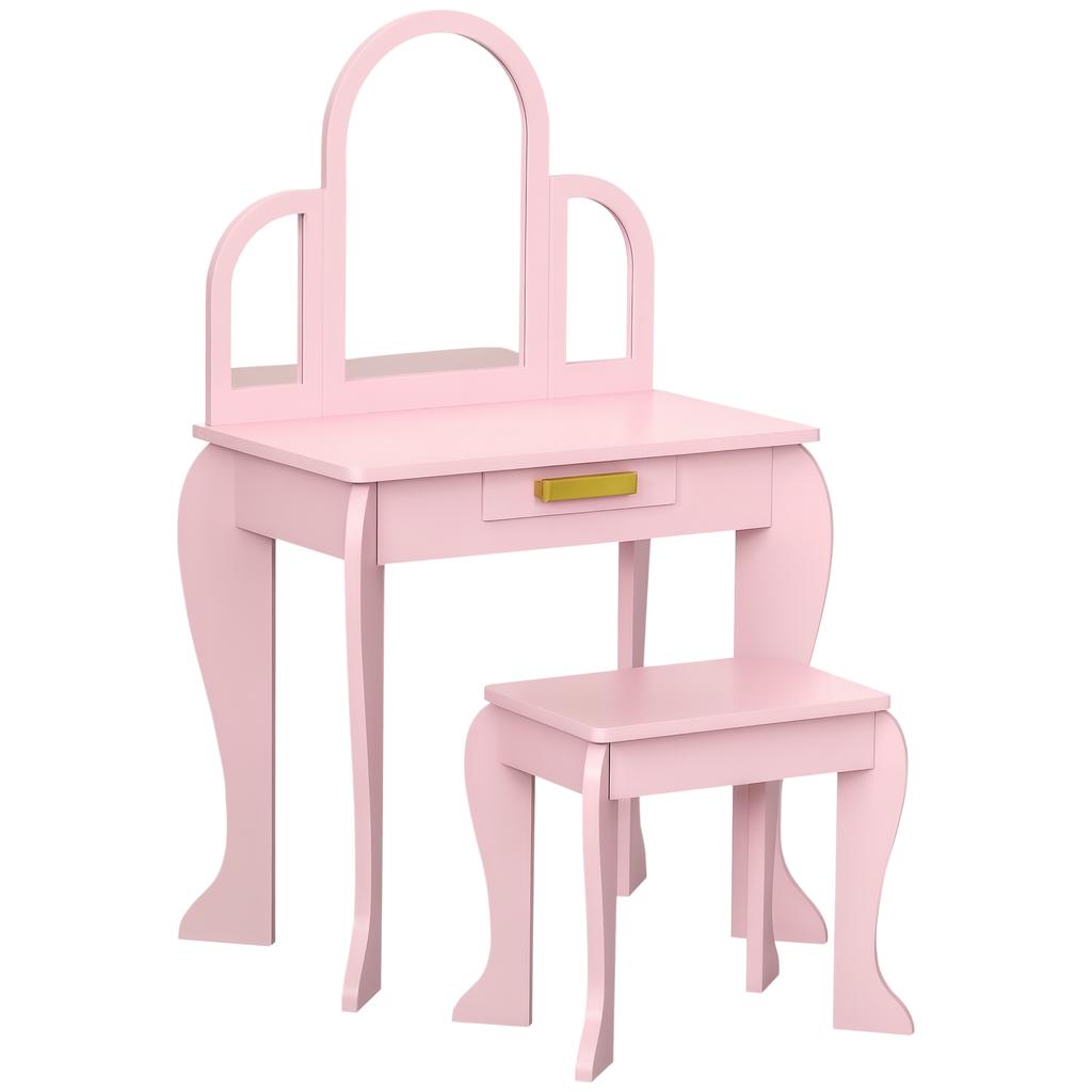 Kids Dressing Table Set, with Mirror and Drawer - Pink