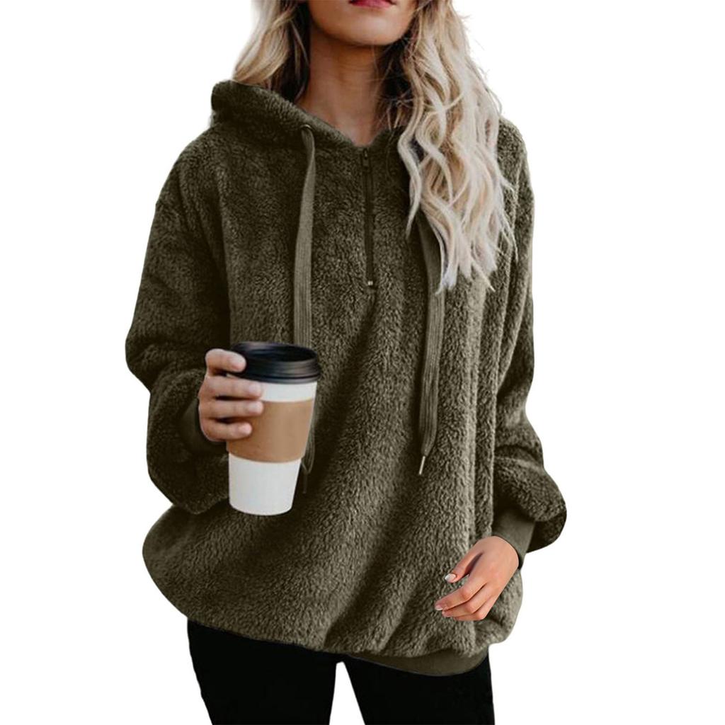 Women's Fashion Solid Colour Hooded Long Sleeve Zip Plush Sweatshirt Top