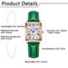 Women's Leather Strap Watch with Roman Alphabet, Analog Display, Calendar, 3ATM Water Resistance, Square Design, Popular Antique Style, Green, Busines
