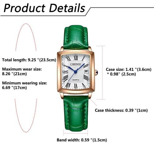 Women's Leather Strap Watch with Roman Alphabet, Analog Display, Calendar, 3ATM Water Resistance, Square Design, Popular Antique Style, Green, Busines