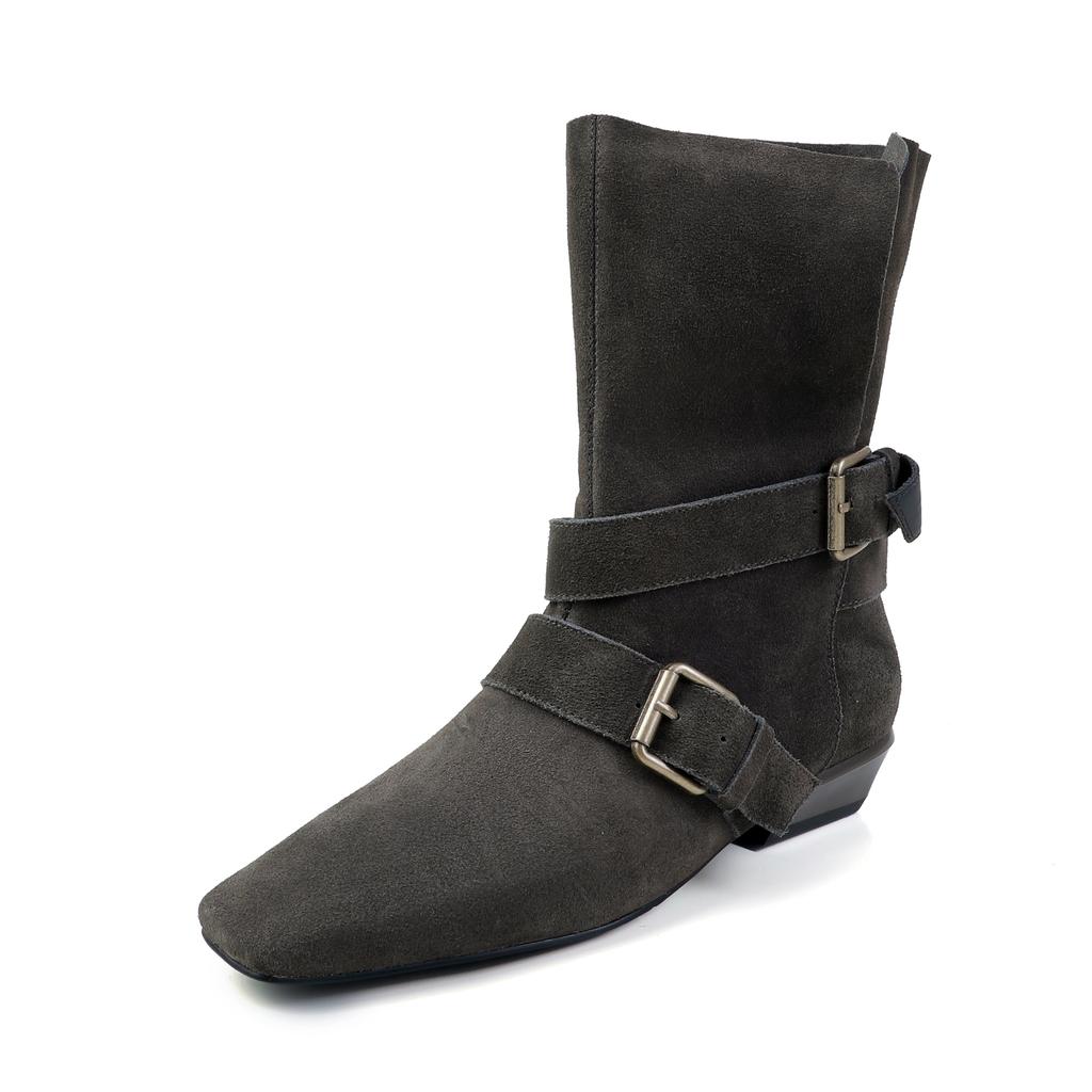 Fashion 2025 New Retro Women Cow Suede Calf Boots Western Boots Autumn Winter Square Toe Buckle Decoration Thick Heels Boots Women