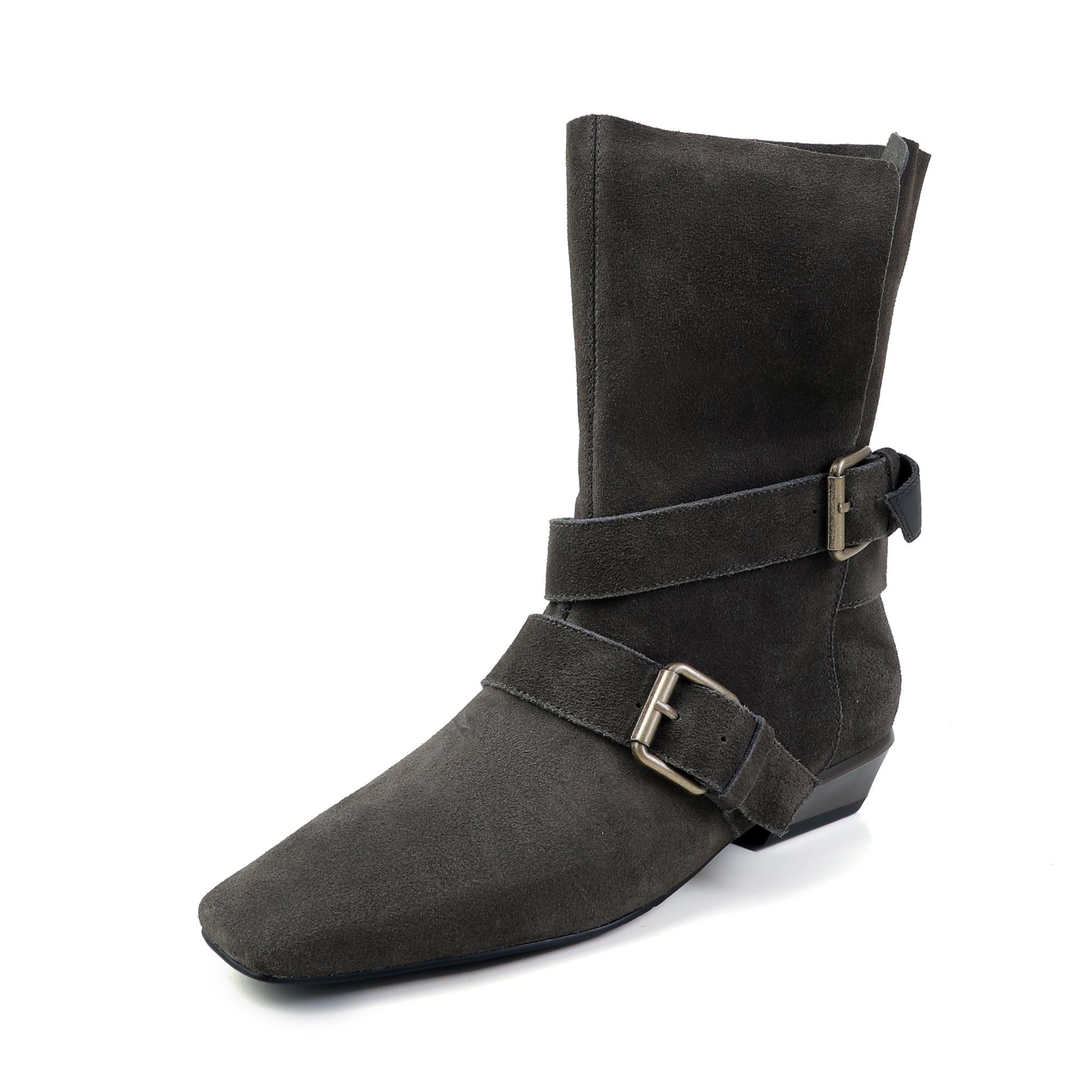 

Fashion 2025 New Retro Women Cow Suede Calf Boots Western Boots Autumn Winter Square Toe Buckle Decoration Thick Heels Boots Women 34 серый