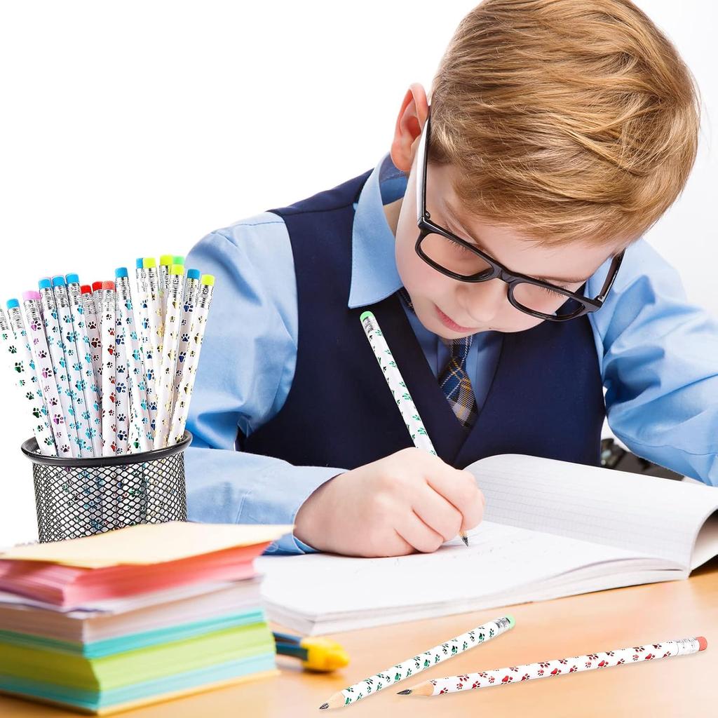 Chinco 100 Pcs Paw Print Pencils Dog Paw Pencils Wooden Writing Novelty Pencils with Erasers for Kids Doggy Party Favors Welcome Back to School Party