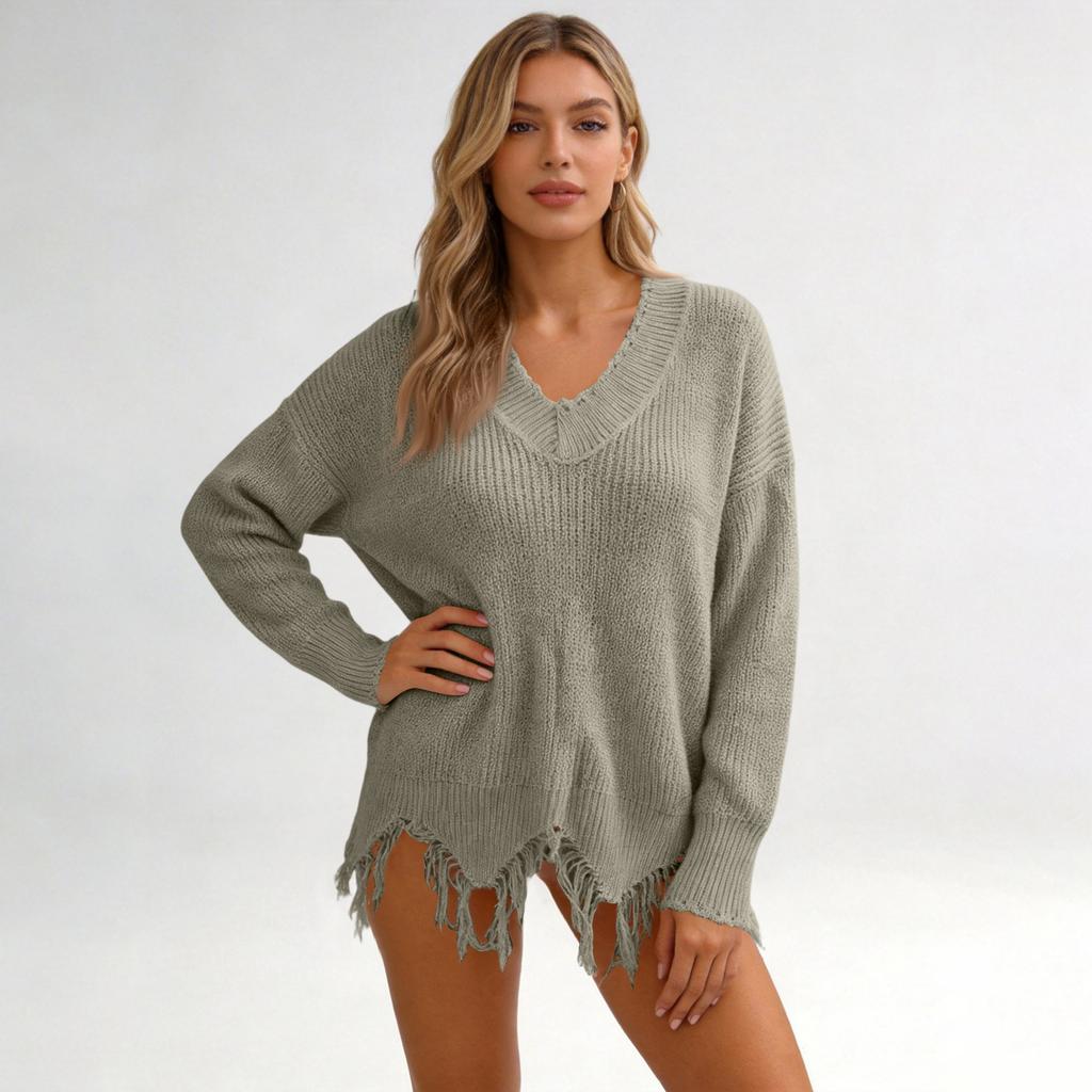 Women's Casual Loose Fit Deep V Neck Asymmetrical Pullover Knit Sweater for Everyday Wear