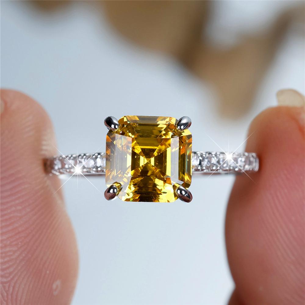Charm Female Pink Yellow Stone Square Ring Silver Color Cute Gift Wedding Jewelry For Women