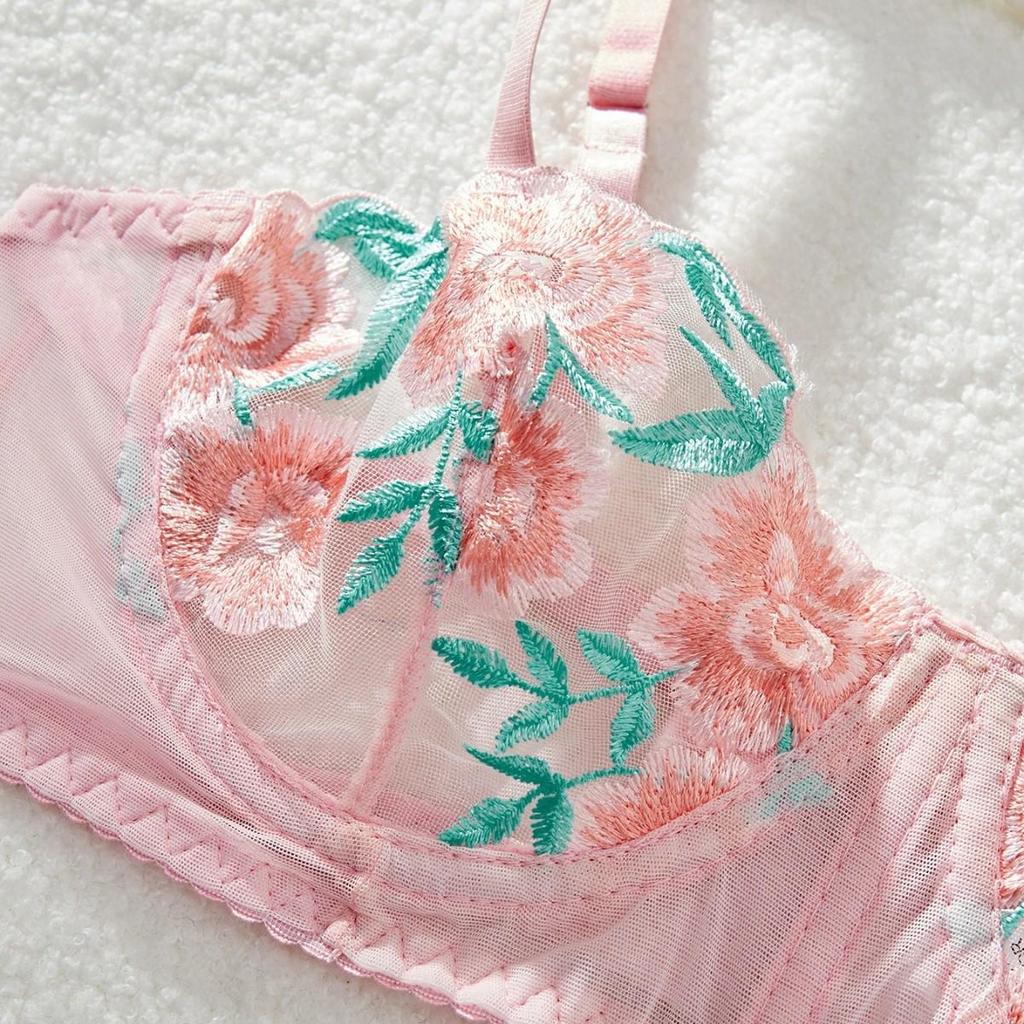 Embroidered Lace Thong & Mesh Lingerie Set
