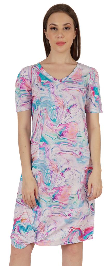 Moomaya Cotton Jersey Printed Midi Dress For Women V-Neck Summer Short Sleeves Knee Length