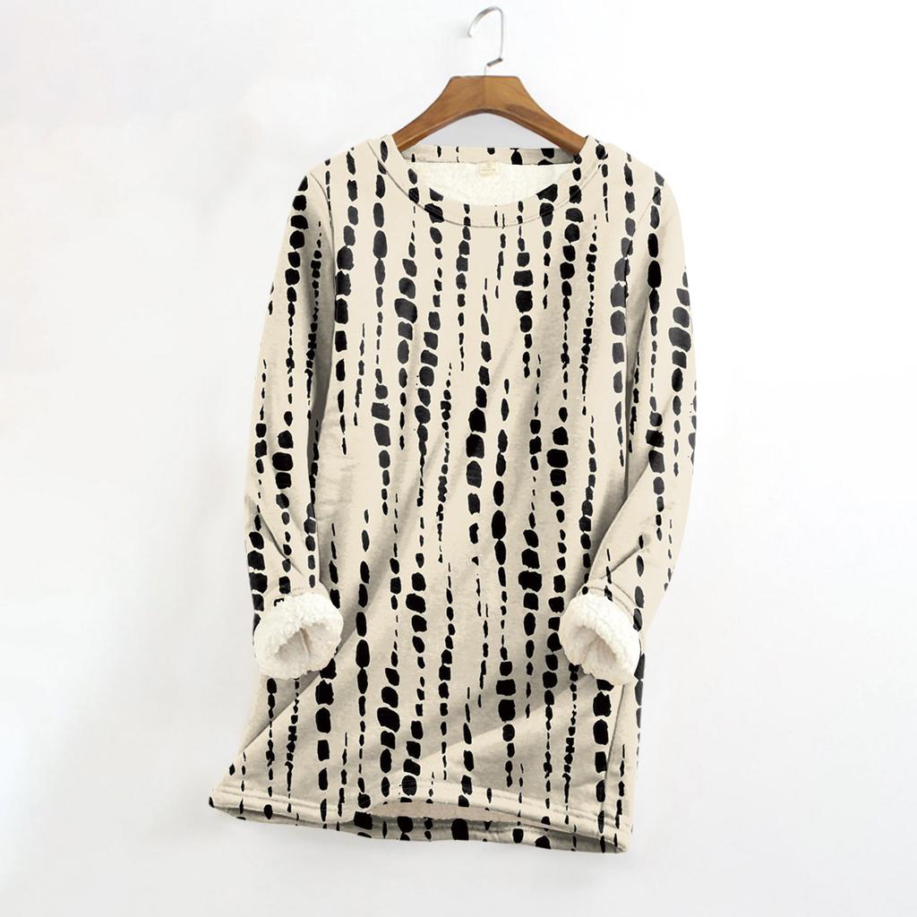 Dámský top s kulatým výstřihem s potiskem, zahuštěný plyšový kašmírový hřejivý dlouhý top