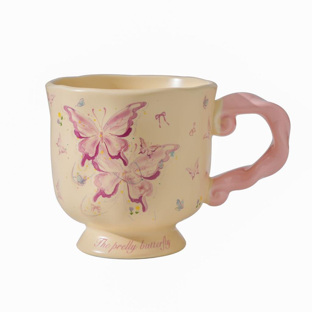 Retro Butterfly Ceramic Mug, Large-Capacity Breakfast Cup, High-Value Couple Water Cup, Home Office Female Gift