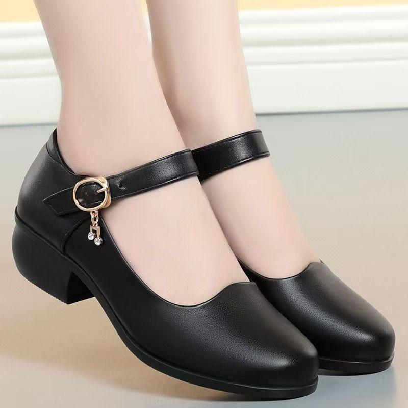 Cheongsam Catwalk Shoes Women's Medium Heel Leather Shoes Thick Heel Work Shoes One-button Black Round Head Professional Single Shoes