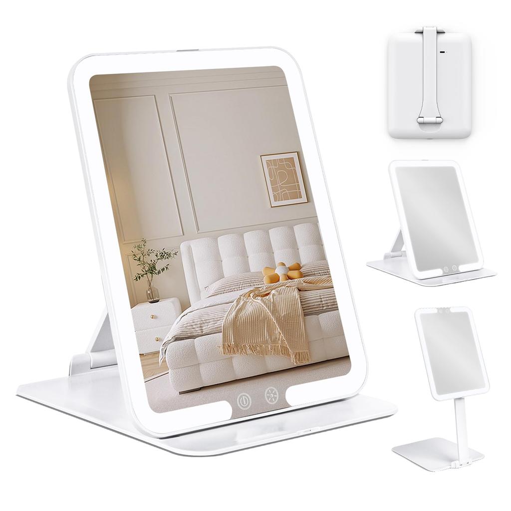 MILPROX Folding LED Makeup Actress Tabletop Mirror with Memory Automatic USB Adjustable Color and Travel Portable Mirror, Mirror, Light, Foldable,