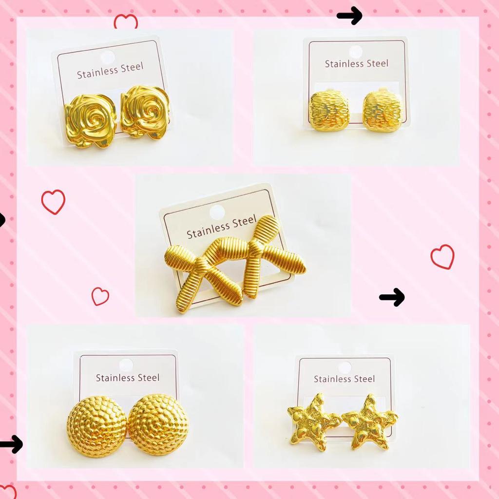 2-8 Pairs Earrings Stud Geometric Square Stripe Round Textured Heart Rose Star Bow Double Water Drop Design Jewelry for Women