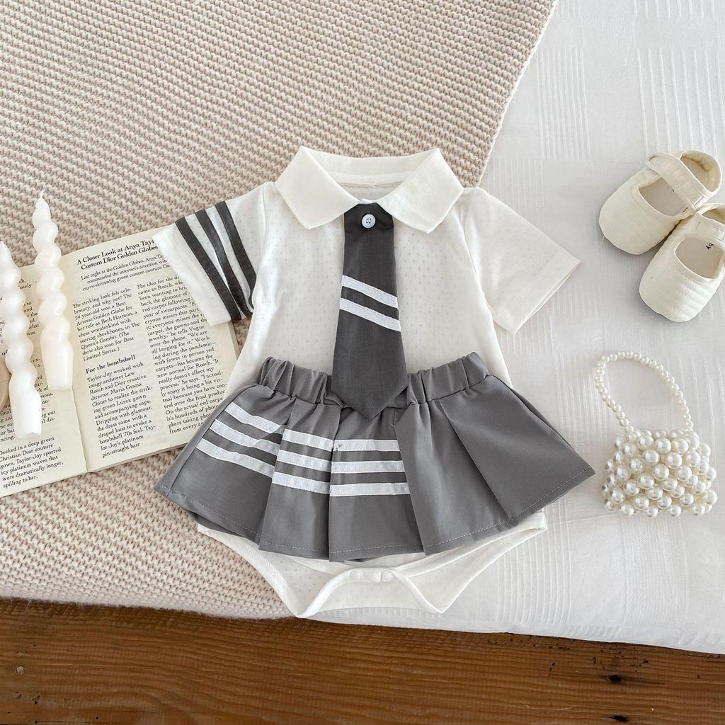 Korean-Style Preppy Romper: Trendy Infant Gift for Girls & Boys, Includes Tie - Perfect for One-Year-Olds.