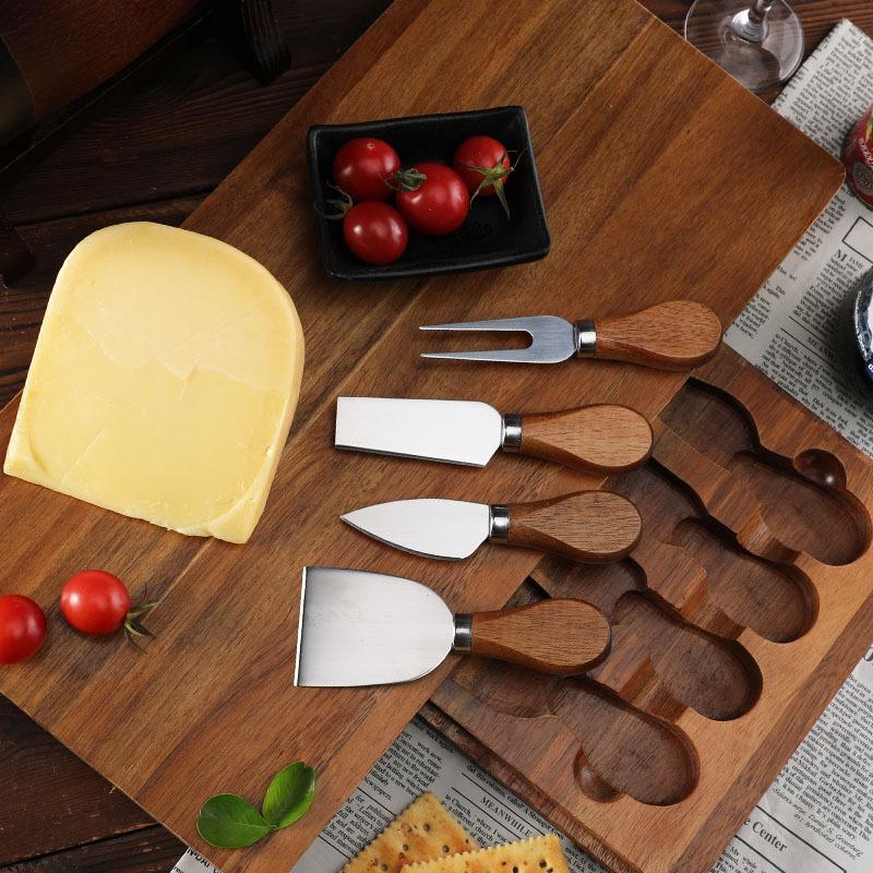 Square Acacia Wood Cheese Board & 4-Piece Stainless Steel Cheese Knife Set