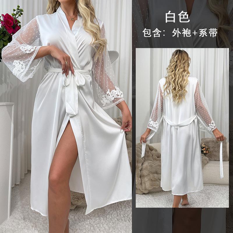 Sexy saténové pyžamo z umělého hedvábí na jaro/léto, svatební noční košile s krajkou, prodloužený ranní župan
