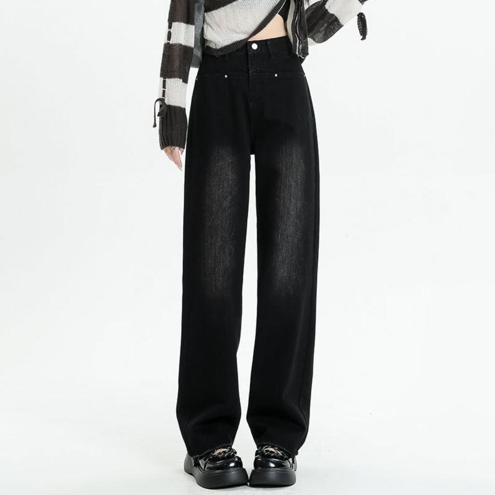 

Дизайнерский сенс, закрывающий мясо, прямые джинсы, женские весенне-осенние новые, с высокой посадкой, драпирующиеся, свободные и тонкие брюки широкие от бедра 2XL