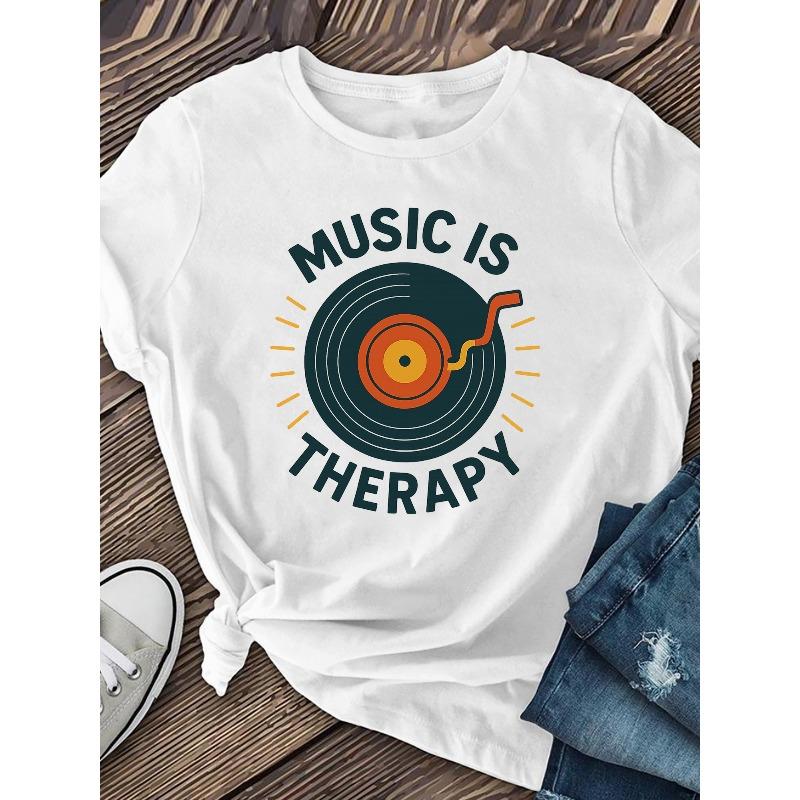 Women's Music Record Print T-Shirt Casual Short Sleeve Summer Fashion Top