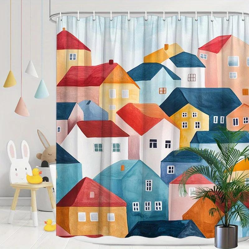 Colorful Abstract Houses Shower Curtain - Water-Resistant, Easy to Clean, Adds a Modern and Artistic Touch to Your BathroomDecor