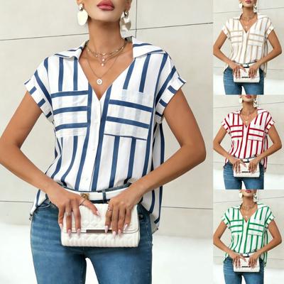 Womens Striped V Neck Short Sleeve Blouse With Pockets Casual Button Down Collared Shirt